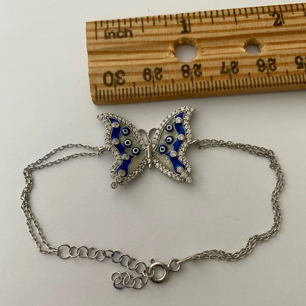925 Silver butterfly bracelet blue evileye cz stones handmade enamel